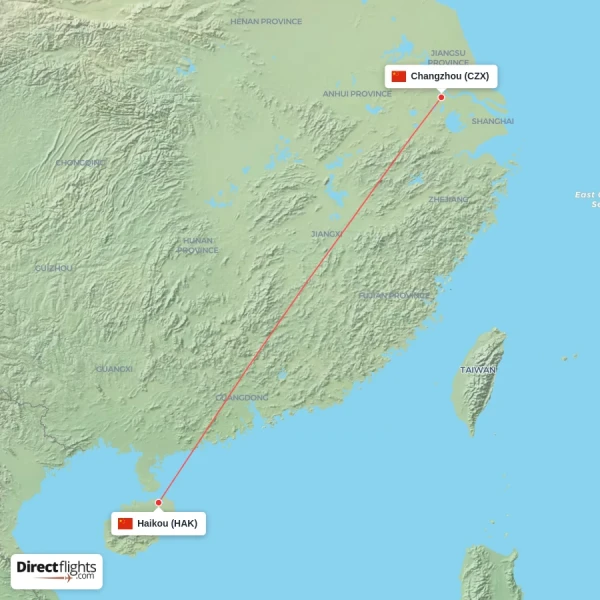Haikou - Changzhou direct flight map