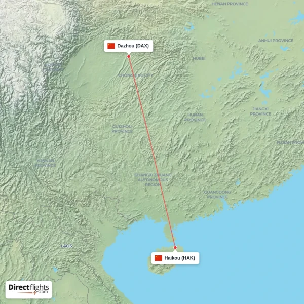 Haikou - Dazhou direct flight map