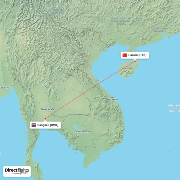 Haikou - Bangkok direct flight map