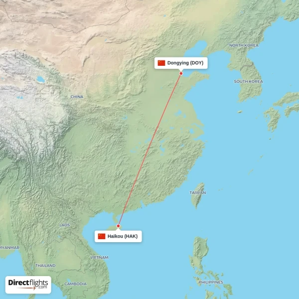 Haikou - Dongying direct flight map