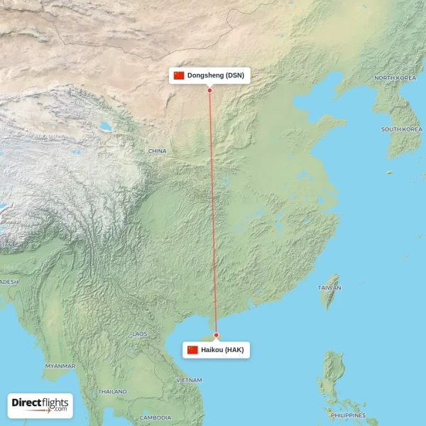 Haikou - Dongsheng direct flight map