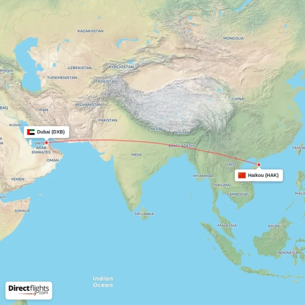 Haikou - Dubai direct flight map