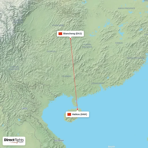 Haikou - Biancheng direct flight map