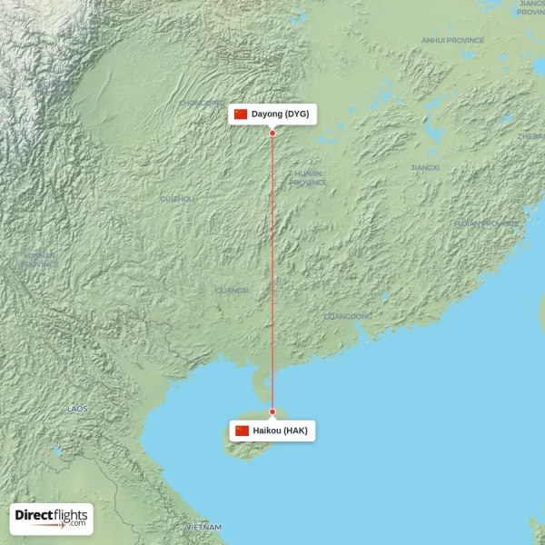 Haikou - Dayong direct flight map
