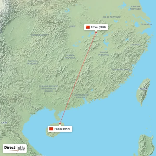 Haikou - Ezhou direct flight map