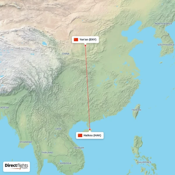 Haikou - Yan'an direct flight map