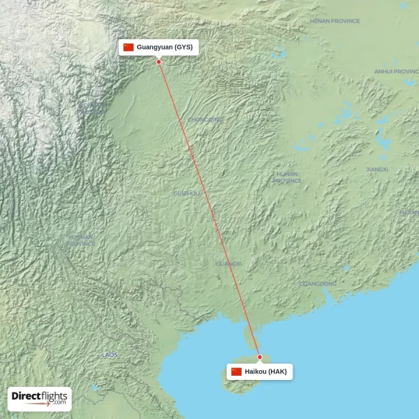 Haikou - Guangyuan direct flight map