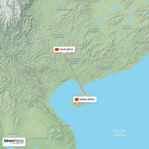 Haikou - Hechi direct flight map