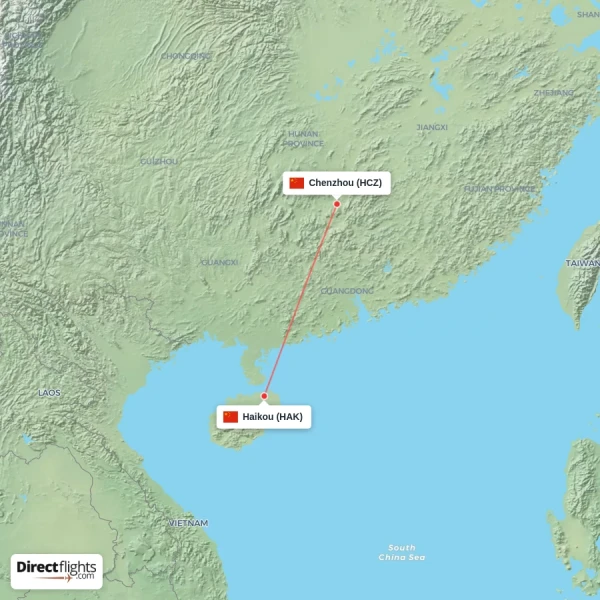 Haikou - Chenzhou direct flight map