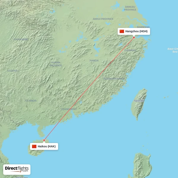 Haikou - Hangzhou direct flight map