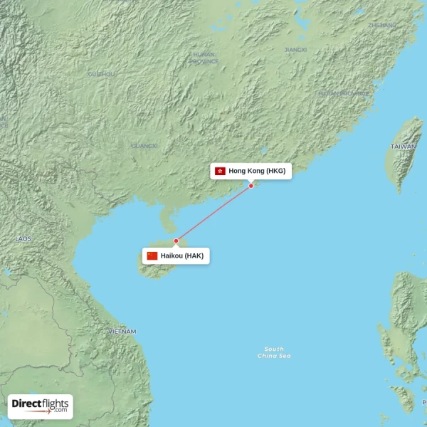 Haikou - Hong Kong direct flight map