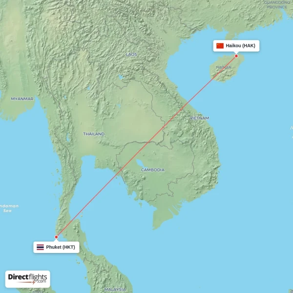 Haikou - Phuket direct flight map