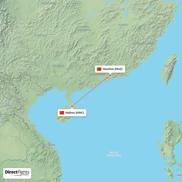 Haikou - Huizhou direct flight map