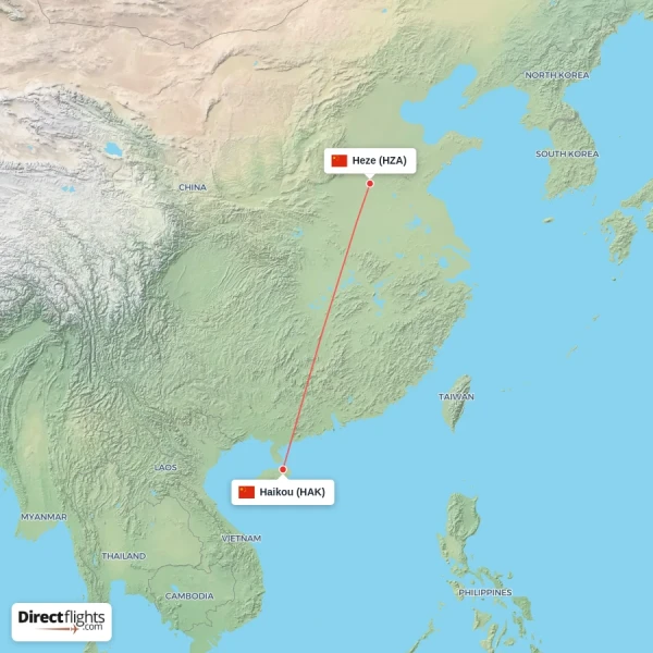 Haikou - Heze direct flight map