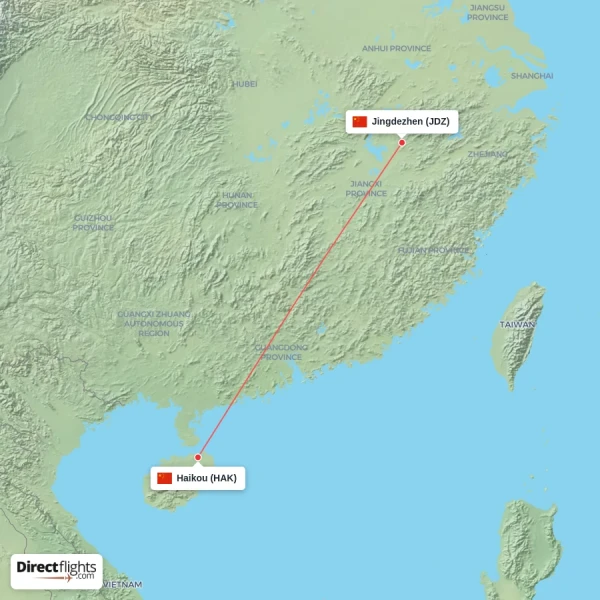 Haikou - Jingdezhen direct flight map