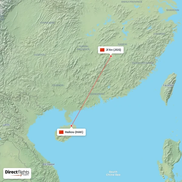Haikou - Ji'An direct flight map