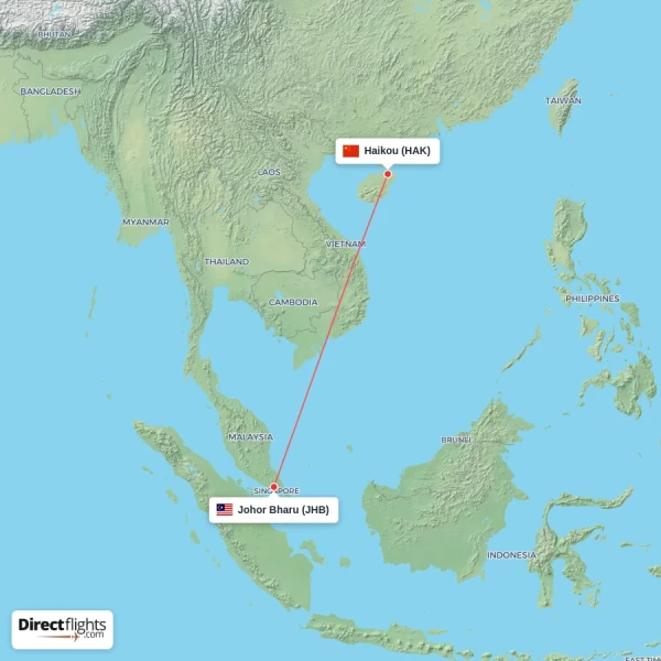 Haikou - Johor Bharu direct flight map