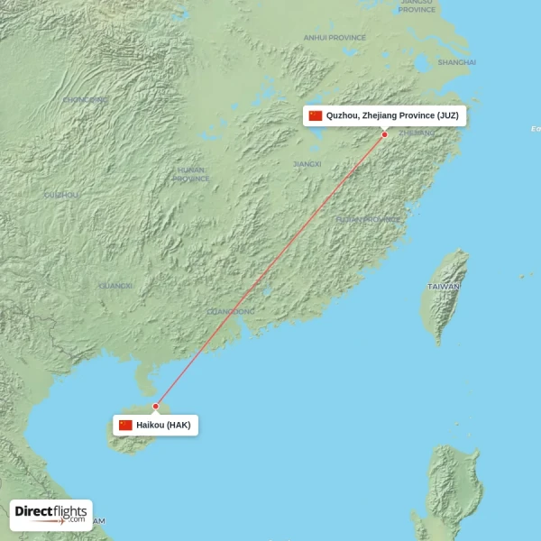 Haikou - Quzhou, Zhejiang Province direct flight map