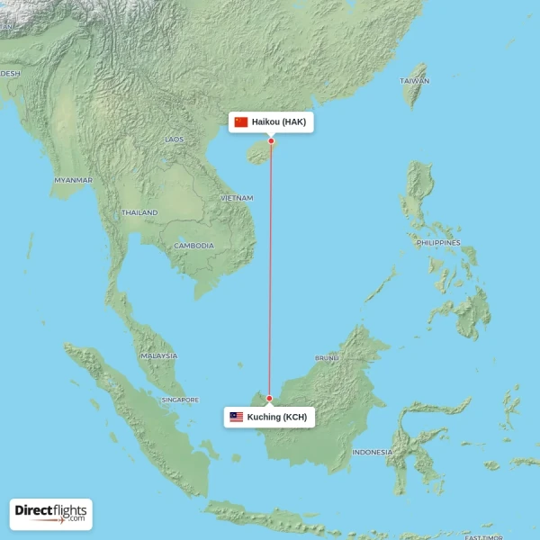 Haikou - Kuching direct flight map