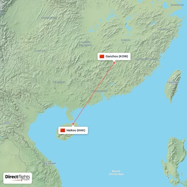 Haikou - Ganzhou direct flight map