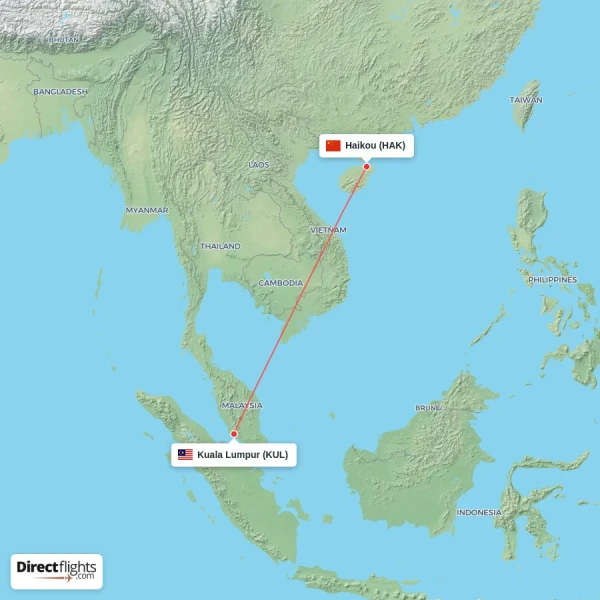 Haikou - Kuala Lumpur direct flight map