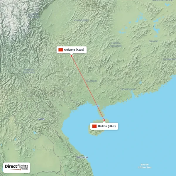 Haikou - Guiyang direct flight map