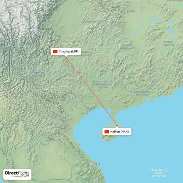 Haikou - Yuezhao direct flight map