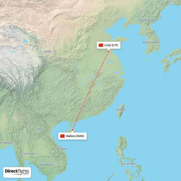 Haikou - Linyi direct flight map