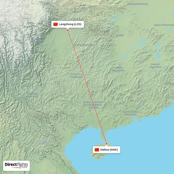 Haikou - Langzhong direct flight map