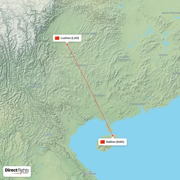 Haikou - Luzhou direct flight map