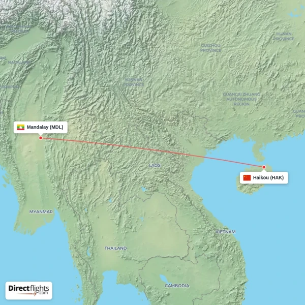 Haikou - Mandalay direct flight map