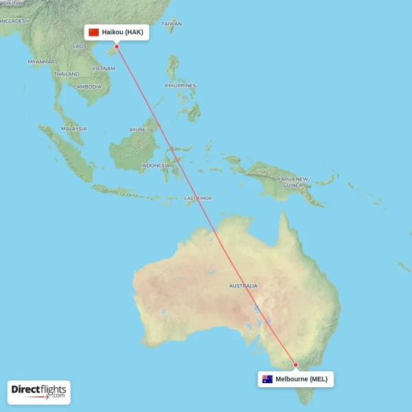 Haikou - Melbourne direct flight map
