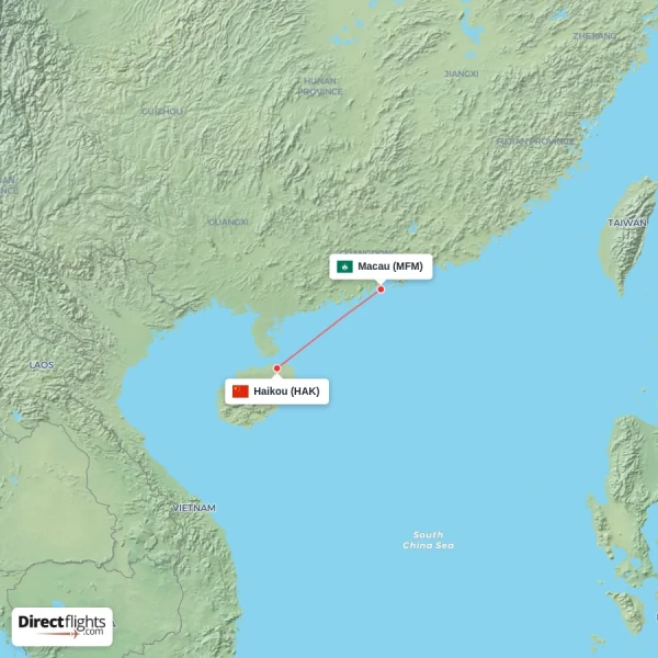 Haikou - Macau direct flight map