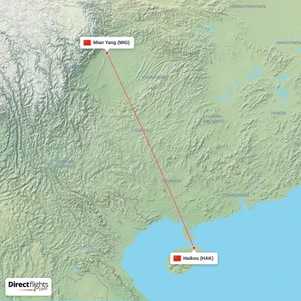 Haikou - Mian Yang direct flight map