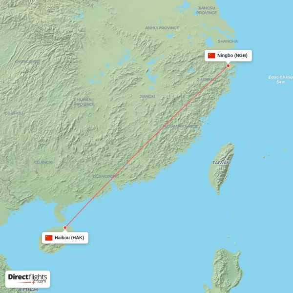 Haikou - Ningbo direct flight map