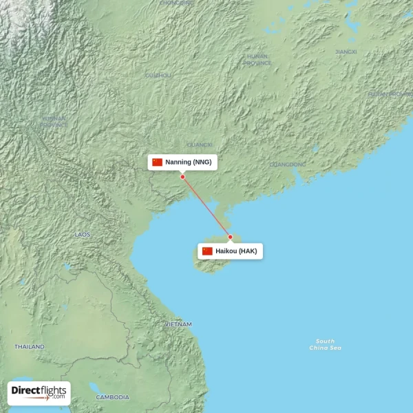 Haikou - Nanning direct flight map