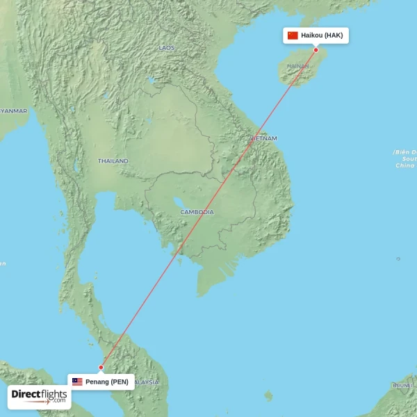 Haikou - Penang direct flight map