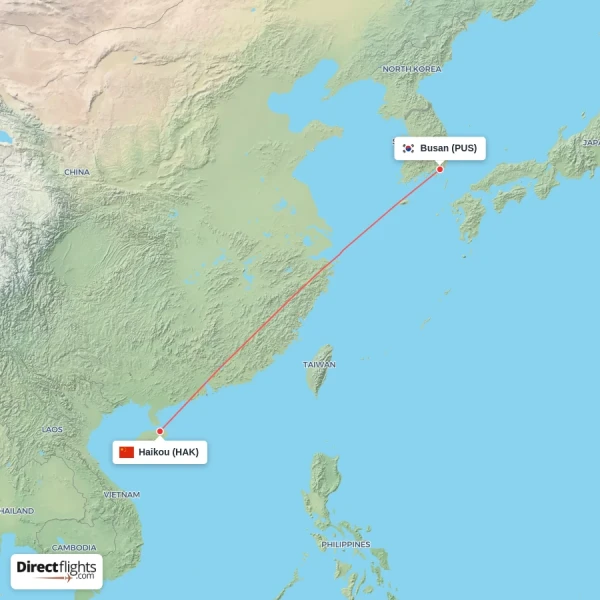Haikou - Busan direct flight map