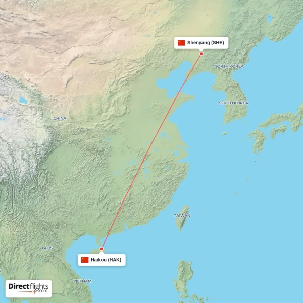 Haikou - Shenyang direct flight map