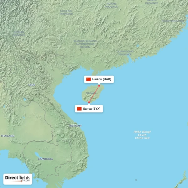 Haikou - Sanya direct flight map