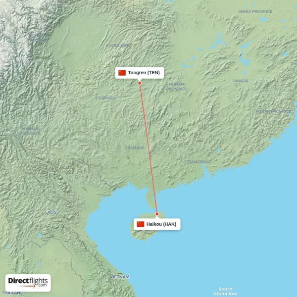 Haikou - Tongren direct flight map