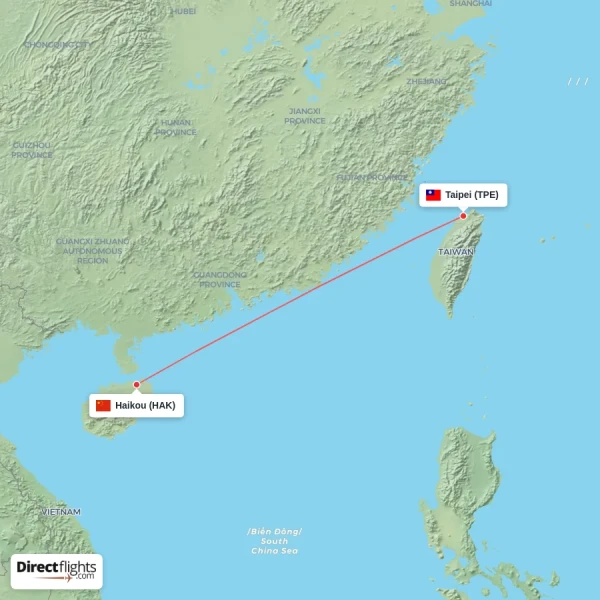 Haikou - Taipei direct flight map