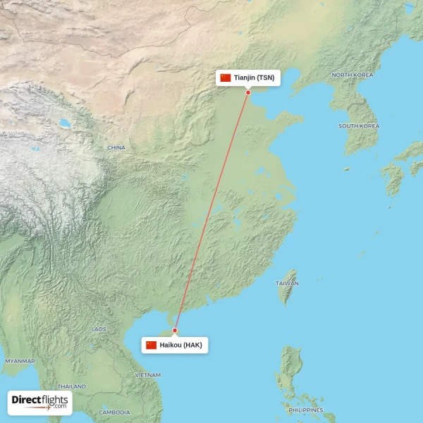 Haikou - Tianjin direct flight map