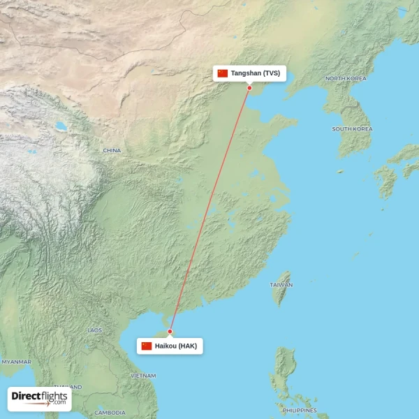 Haikou - Tangshan direct flight map