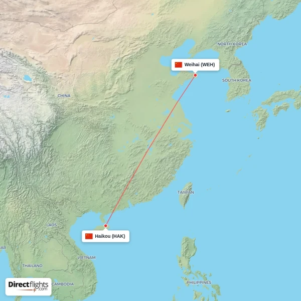 Haikou - Weihai direct flight map