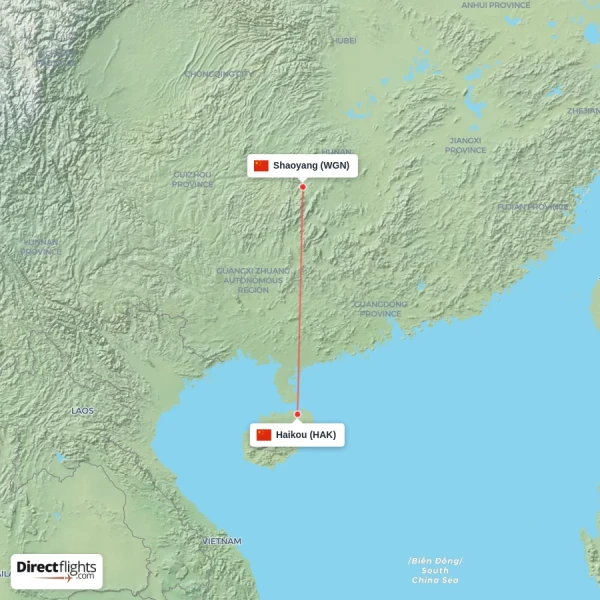 Haikou - Shaoyang direct flight map