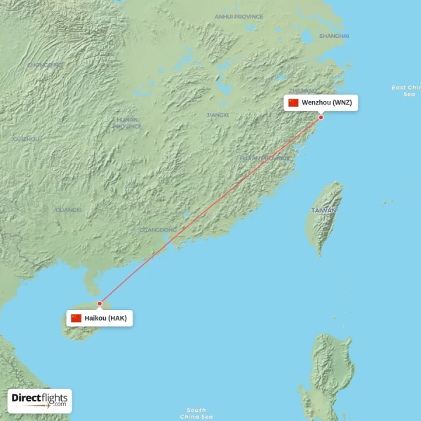 Haikou - Wenzhou direct flight map