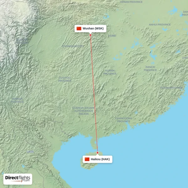 Haikou - Wushan direct flight map