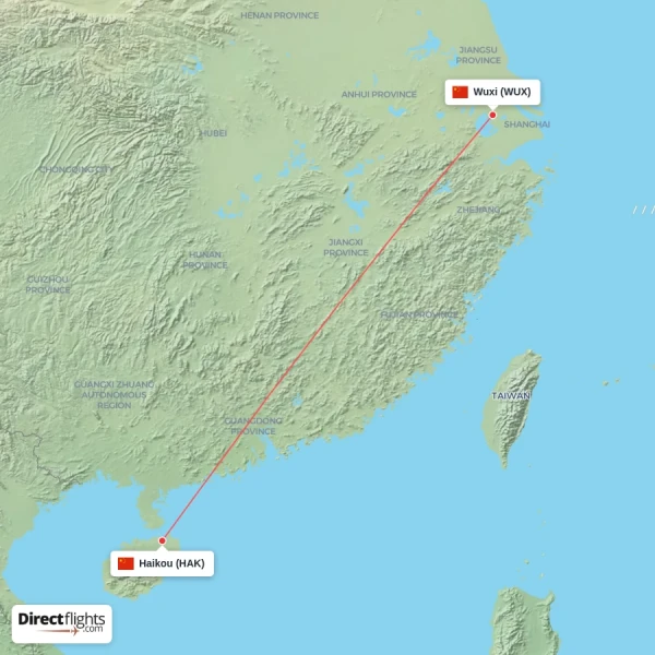 Haikou - Wuxi direct flight map