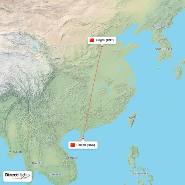 Haikou - Xingtai direct flight map